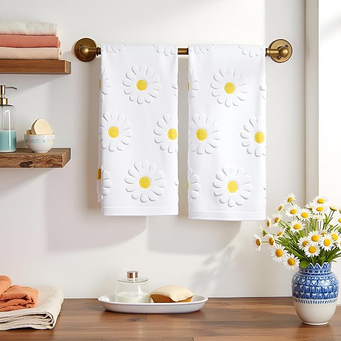 2pcs Daisy Hand Towels for Bathroom Decorative Towels Set 100% Cotton White Jacquard Spring Summer Floral Bath Towels Dish Kitchen Towels Kitchen Bathroom Decor Gift(Daisy White)