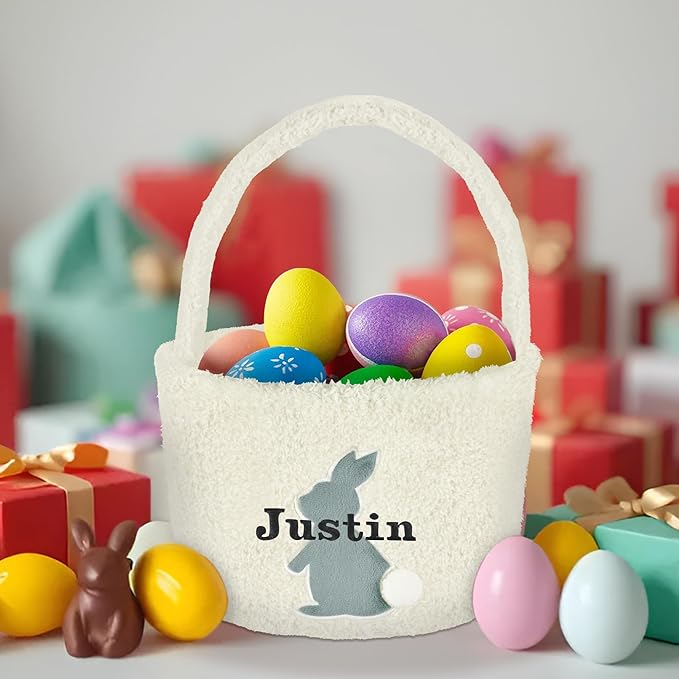 Easter Basket for Kids, VAPCUFF Easter Bunny Basket, Personalized Easter Baskets, Easter Basket with Name - - White Basket Grey Bunny