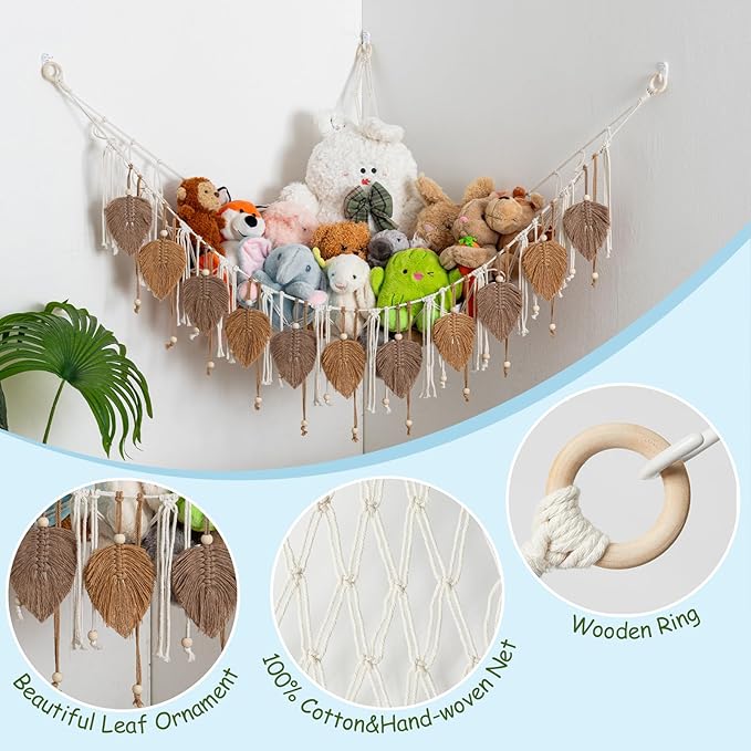 Pretty Jolly Macrame Stuffed Animal Hammock with Beads Hand Woven Leaf Tassels Corner Hanging Net Boho Plush Holder for Kid Room Nursery Deco Organizer for Girls Gift(Milkcoffee & Jute)