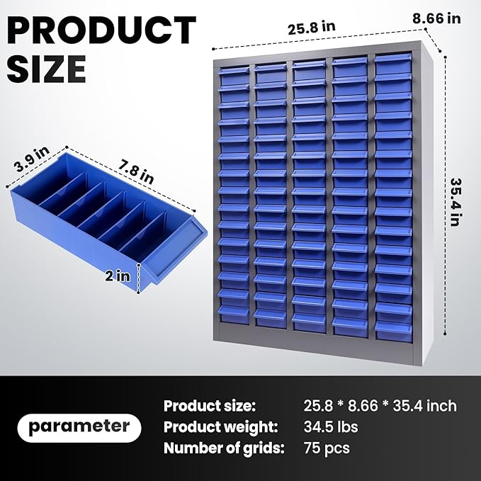 75-Drawer Nut and Bolt Organizer, Small Parts Organizer with Alloy Steel Frame & ABS Drawers, Bolt Bin for Garage, Teacher Toolboxes, Makeup & Workshop, Tool Hardware Storage (75-grid Drawer)