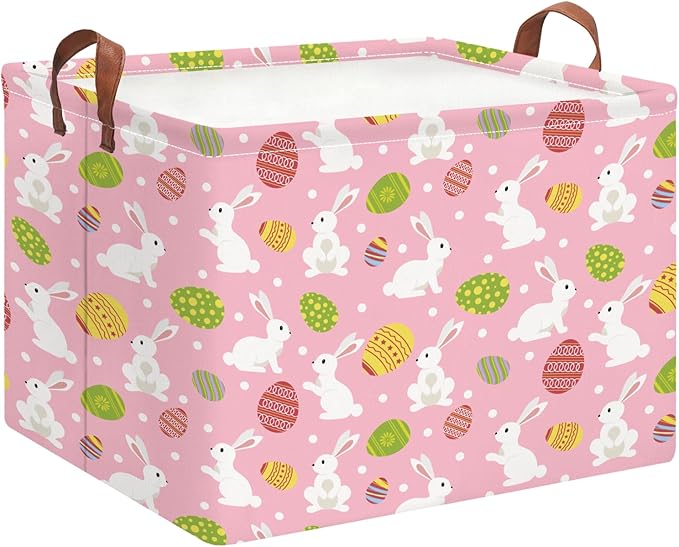 Rectangle Storage Basket,Gift Basket Empty with Handles,Cute Organizer, Room Decor(Pink Easter)
