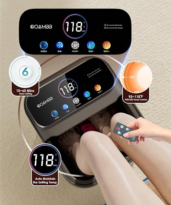 Collapsible Foot Spa with Heat, Bubble,Temp Control,Remote Control, Color Touch Screen Foot Bath Massager with 6 Massage Rollers,Foot Soaking Tub,Pedicure Foot spa for Stress Relief (Deep Grey)