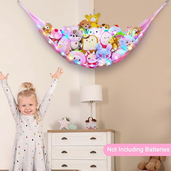 Unicorn Castle Stuffed Animals Net or Hammock Kids Toy Storage Organizer with LED Light Hanging Corner Stuffed Animals Holder Kids Girls Room Decor,Pink,Large (Pack of 1)