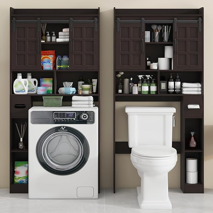 Over The Toilet Storage Cabinet, Farmhouse Storage Cabinet Over Toilet with Sliding Doors，Home Space-Saving Toilet Rack, for Bathroom, Restroom, Laundry. Espresso