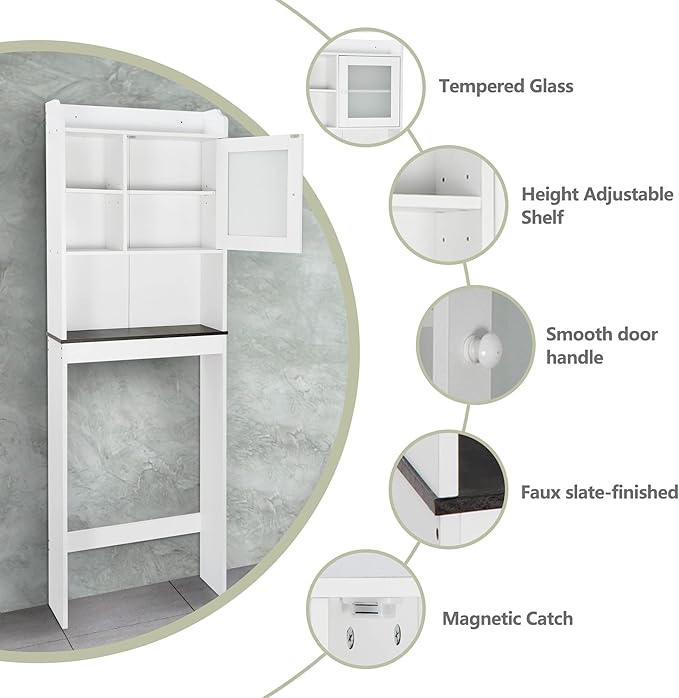 ZenStyle Over The Toilet Cabinet Double Door Wood Bathroom Storage Organizer with Adjustable Shelves, Cubby and Tempered Glass Door (White)
