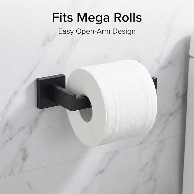 5 Piece Bathroom Hardware Set Matte Black, SUS304 Stainless Steel Towel Bar Set, Modern Square Accessories with 16 Inch Rack Toilet Paper Holder Robe Hooks (Matte Black)