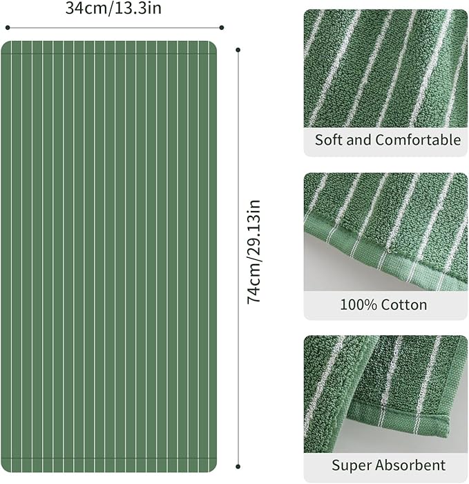 Green Stripe Towels Set of 6，Ultra-Absorbent & Quick-Drying Bathroom Hand Towels 100% Cotton Face Towels, Soft Hand Towels for Bathroom，13” x 29”