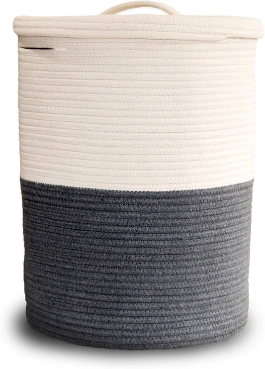 Mevyucr Large Laundry Basket with Lid, Tall Laundry Hamper with Lid, Woven Storage Basket Decorative Cotton Basket for Blankets Clothes Toys Pillows Towels Baby Nursery Bathroom Living Room Kitchen