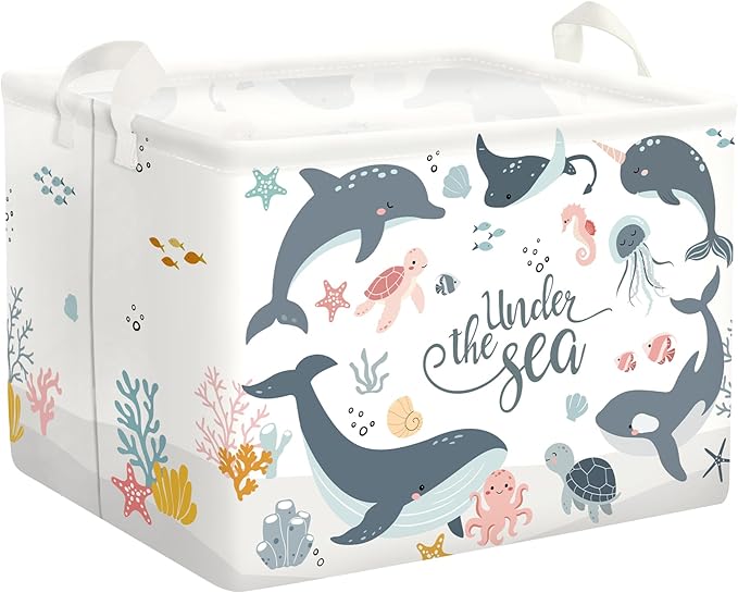 Sea Animals Laundry Hamper Ocean Fish Coral Large Storage Basket Parents Organizer Kids Clothes Toy Bins for Bedroom, Bathroom, Blue Dolphins, 36L