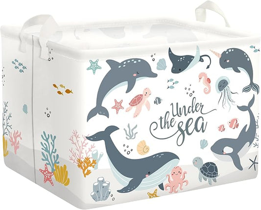 Sea Animals Laundry Hamper Ocean Fish Coral Large Storage Basket Parents Organizer Kids Clothes Toy Bins for Bedroom, Bathroom, Blue Dolphins, 36L