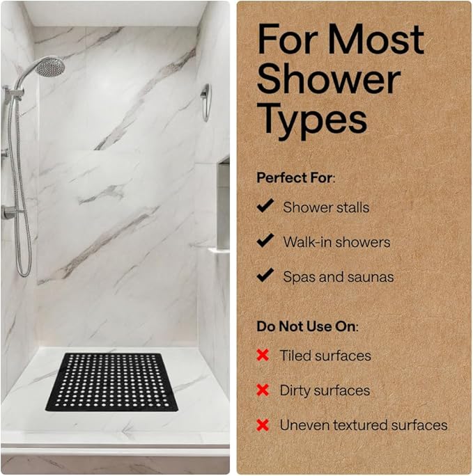GORILLA GRIP Patented Square Shower Stall Mat, Small Bathtub Floor Mats for Stand Up Showers, Suction Cups and Drainage Holes, Machine Wash, Soft on Feet, Bathroom Accessories 21x21 Inch, Black Opaque