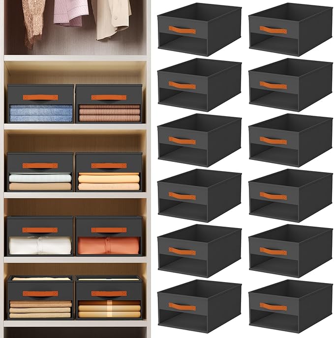 Closet Organizers and Storage - 12 Pack Storage Bins Baskets for Organization Foldable Closet Organizer with Clear Window & Handles for Clothes, Toys, Towels, Small Essentials (Black)