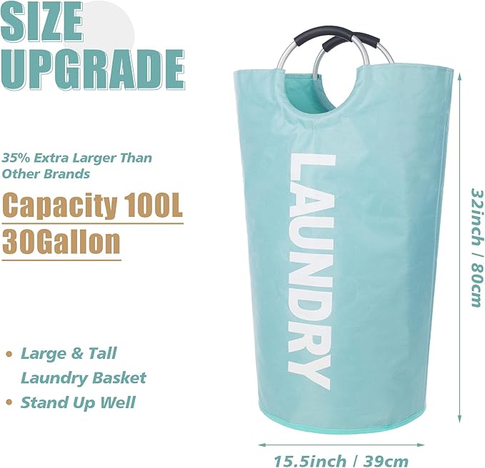 Twira 100L Large Laundry Basket, Laundry Hamper Stands Up Well, Laundry Bag with Padded Handles, Waterproof Clothes Bin Collapsible, Clothes Hamper for Bathroom, Laundry, College (Light Blue)