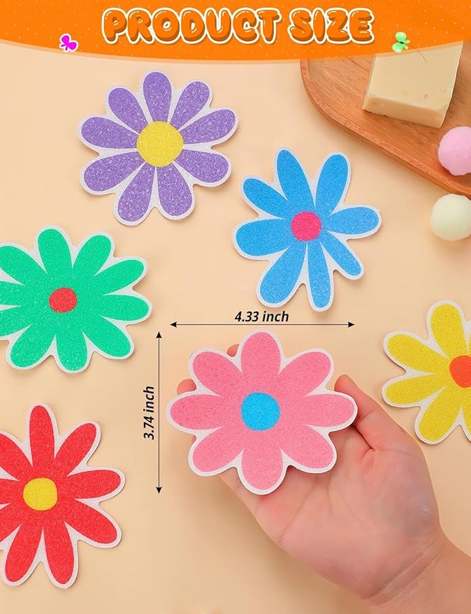 26Pcs Non Slip Bathtub Stickers, Colorful Flower Stickers with Scraper, Anti Slip Bath Tub Shower Decal with Adhesive Back for Bathroom, Shower Stairs