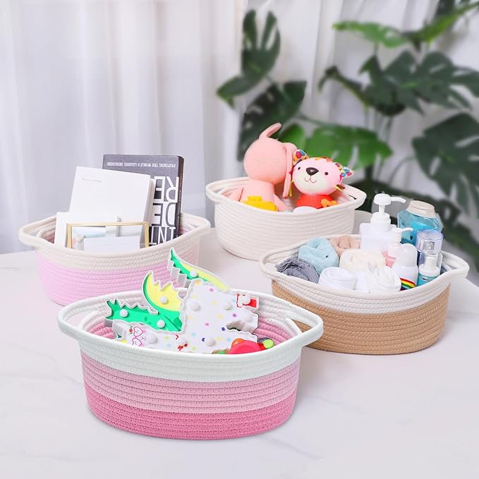ABenkle Small Basket with Handles - Decorative Durable Rope Woven Storage Bin Shelf Storage Organizer Cube, Easter Baby Gift Basket, 12"x8"x5"