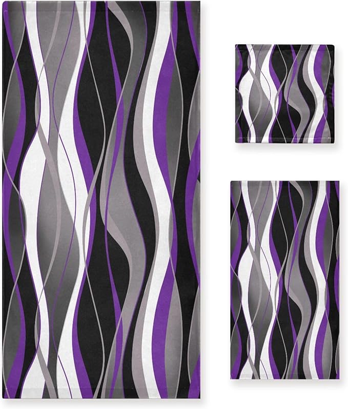 3 Piece Purple Grey Bath Towels Set,Microfiber Absorbent Black White Gray Striped Modern Abstract Towels for Bathroom,1 Bath Towel,1 Hand Towel,1 Washcloth,Purple Decorative Bathroom Towels