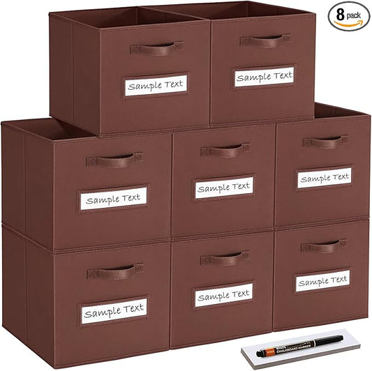 artsdi 13x13x13 Storage cube bins(Set of 8) Fabric storage cubes with 8 Labels Window Cards & a Pen, Storage cubes 13x13, Collapsible 13 inch Cube storage bins, Cubby Organizer Boxes, Brown