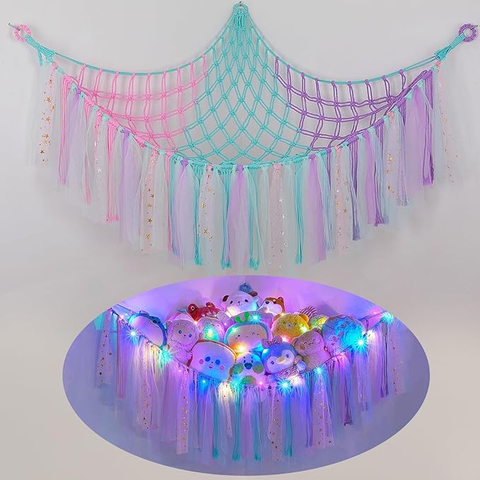 FIOBEE Stuffed Animals Net or Hammock with LED Light, Toy Hammock Hanging Stuffed Animals Storage Organizer Holder Room Décor for Nursery Kids Bedroom