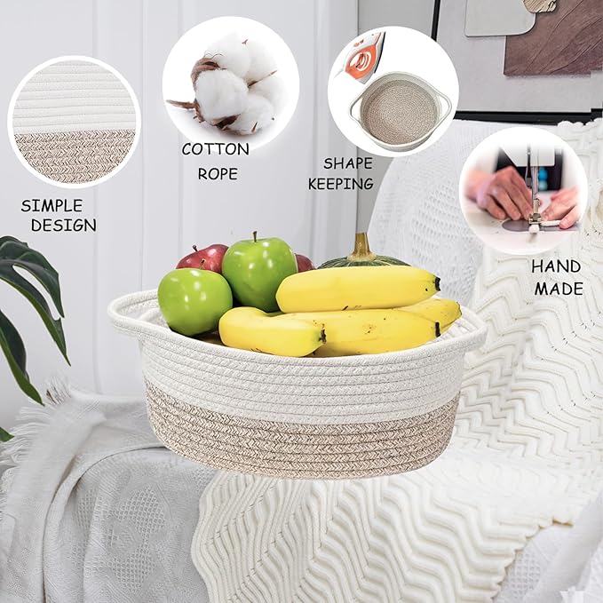 COMFY HOMI Small Woven Gift Baskets with Handles, Gift Bags and Ribbons - Cotton Rope Storage Basket for Organizing, Dog Toy Basket Box, Gift Baskets Empty, Mother’s Day-φ11X5 Inch,（white/brown）