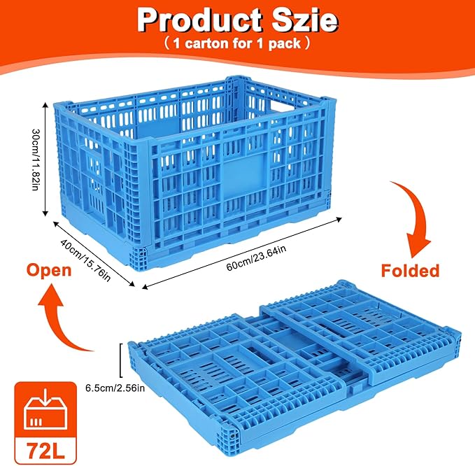Collapsible Milk Crate, 1 pck 72L(19GAL) Stackable Storage Bins, Heavy Duty Storage Crates, Plastic Crates for Grocery, Warehouse Organization - Extra Large, Holds 130 lbs Per Bin