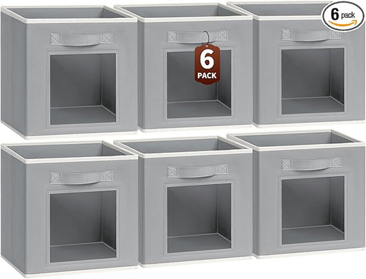 Storage Cube 11 Inch - Cube Storage Bins with Window, Closet Storage Baskets with Handle, Fabric Bins for Closet, Shelves, Toys, Clothes, Set of 6, Grey