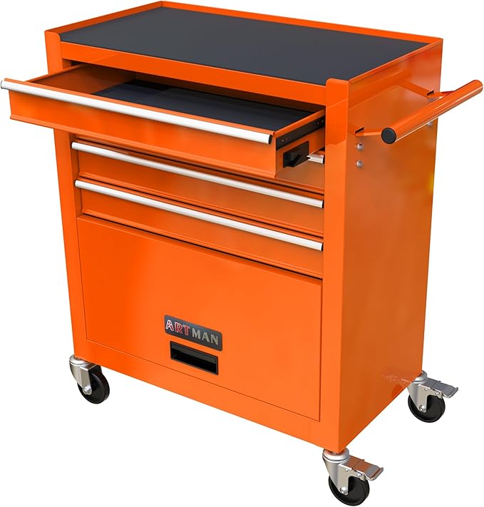 4 Drawers Rolling Tool Chest Cart. Tool Storage Cabinet With 4 Wheels.Tool Cabinet Trolley With Locking System and Drawer Liners.Tool Storage Cart for Garage,Workshop. 24.4"Toolbox Cart(orange)