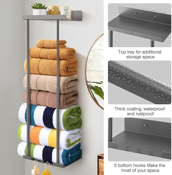Hommtina Bathroom Towel Storage Black Towel Holder Bathroom Decor Aesthetic Towel Racks for Bathroom Bath Towel Storage (Grey)