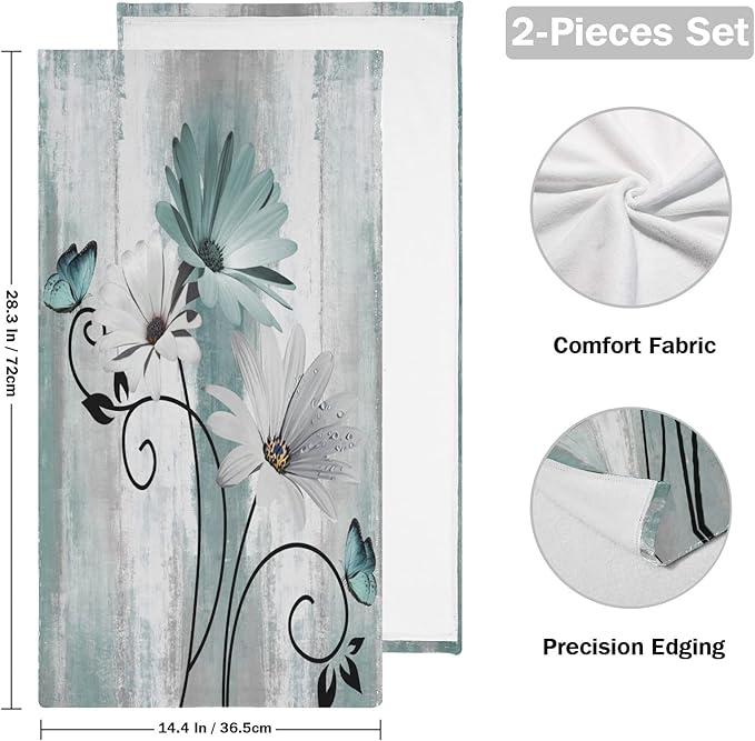 Hand Towels for Bathroom Set of 2 Farm Teal White Daisy Floral Flowers Butterfly on Country Wooden Soft Absorbent Small Bath Towels Decorative Kitchen Guest Dish Towel for Spa,Hotel 28x14in