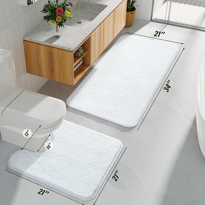HOMORE White Bathroom Rug Set 2 Piece,Soft Absorbent Bath Mats Set,Machine Washable Bath Rug Sets for Bathroom Non Slip,(21"x34"+21"x21") Plush Shaggy U Shape Contour Toilet