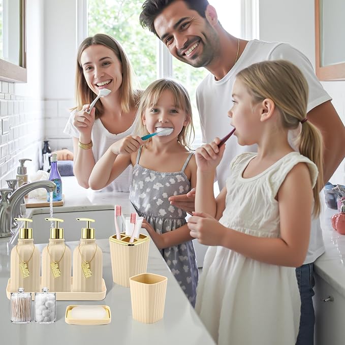 32PCS Bathroom Sets with Shower Curtain and Rugs-Beige Bathroom Accessories,Non Slip Bathroom Rugs Set with Toilet Lid Cover, Waterproof Shower Curtain, 3PC Soap Dispenser with Trash Can