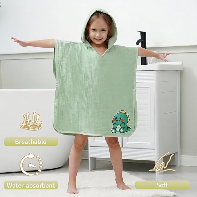 Hooded Towel for Kids 100% Cotton Bath Towel Toddler Beach Essentials with Animal Design 2-6Years (Green, Small)