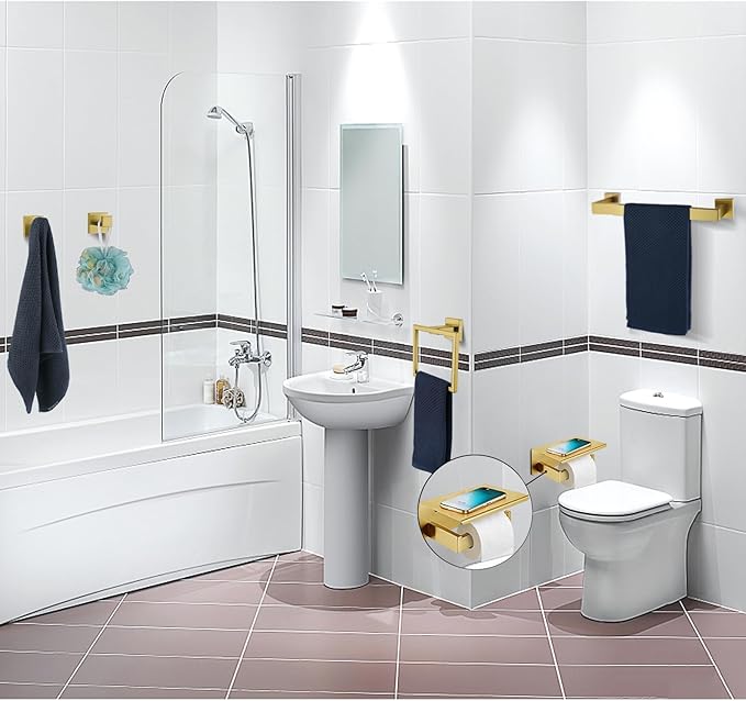 5 Pieces Bathroom Hardware Accessories Set Brushed Gold, 24Inch Bathroom Towel Rack Set SUS304 Stainless Steel, Square Toilet Paper Holder with Shelf Heavy Duty, Wall Mounted