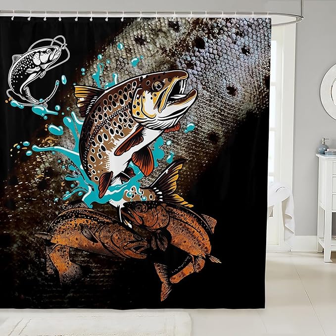 3D Bass Fish Scale Shower Curtain for Bathroom - Kids, Teens, Adults, Men Room Decor - Animals Fishing Waterproof Black Brown Bath Curtain With 12 Hooks, 72" W x 78" L