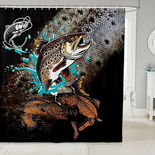 3D Bass Fish Scale Shower Curtain for Bathroom - Kids, Teens, Adults, Men Room Decor - Animals Fishing Waterproof Black Brown Bath Curtain With 12 Hooks, 72" W x 78" L