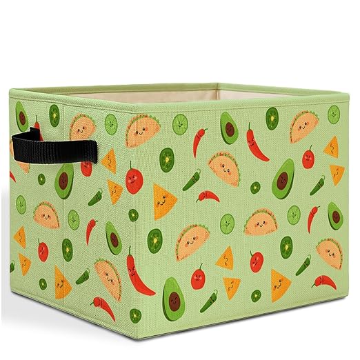 Green Mexican Taco Avocado Storage Bins Box with Handles, Chili Nacho Mexican Food Laundry Basket Hamper Collapsible Clothes Toys Organizer for Home Kitchen Kids Room Playroom