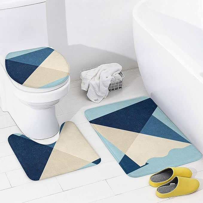 4 Piece Bathroom Rug Set with Shower Curtain, Non-Slip Bath Mat Toilet Cover Set, Geometry Bathroom Rug Sets