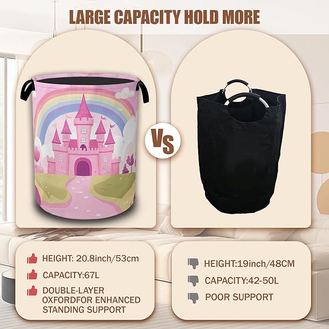 Pink Castle Laundry Basket,Rainbow Princess Laundry Hamper Waterproof Oxford Cloth Tote Collapsible,Clothes Storage Bucket Decorative Toy Organizer For Bathroom Bedroom 16" x 20.8"