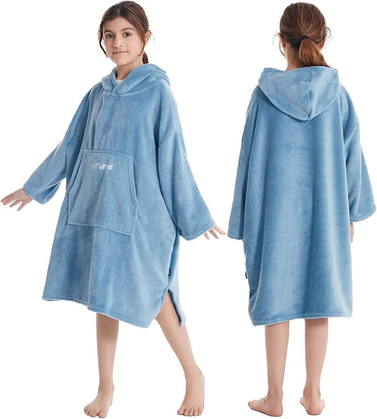 Hiturbo Kids Towel Changing Robe: Soft Plush Wearable Blanket - Warm Coral Fleece Hoodie - Swim Surf Poncho for 5-12 Years (Blue)