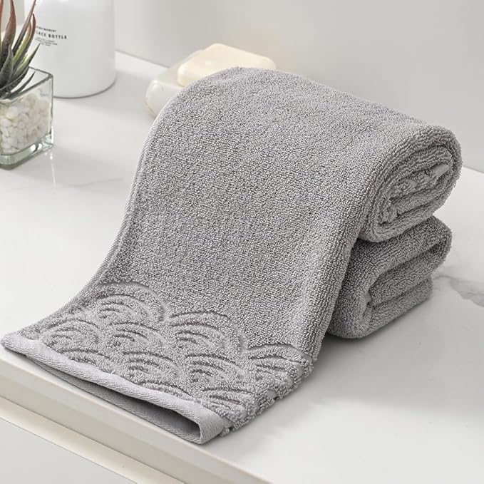 Grey Hand Towels Highly Absorbent 100% Cotton Ultra Soft Rippled Textured Edge Terry Decorative Hand Towel for Bathroom 13 X 29 inch, 2 Piece