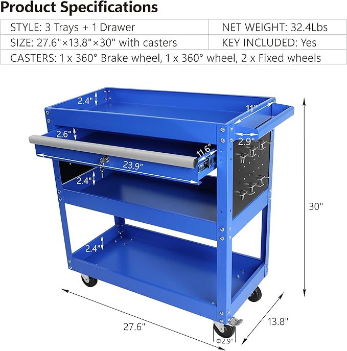 Rolling Tool Cart, Premium 1-Drawer Utility Cart, Heavy Duty Industrial Storage Organizer Mechanic Service Cart with Wheels and Locking System(Blue&Grey)