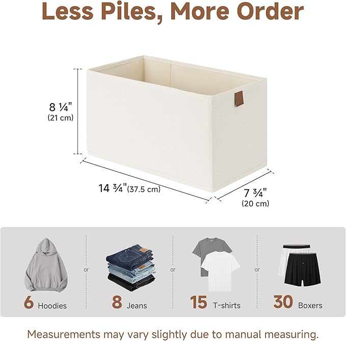 StorageWorks Small Storage Bins, Fabric Storage Bins, Narrow Baskets for Shelves with PU Handle, Perfect for Clothes, Towels, and Light Blankets, Beige, 4-Pack