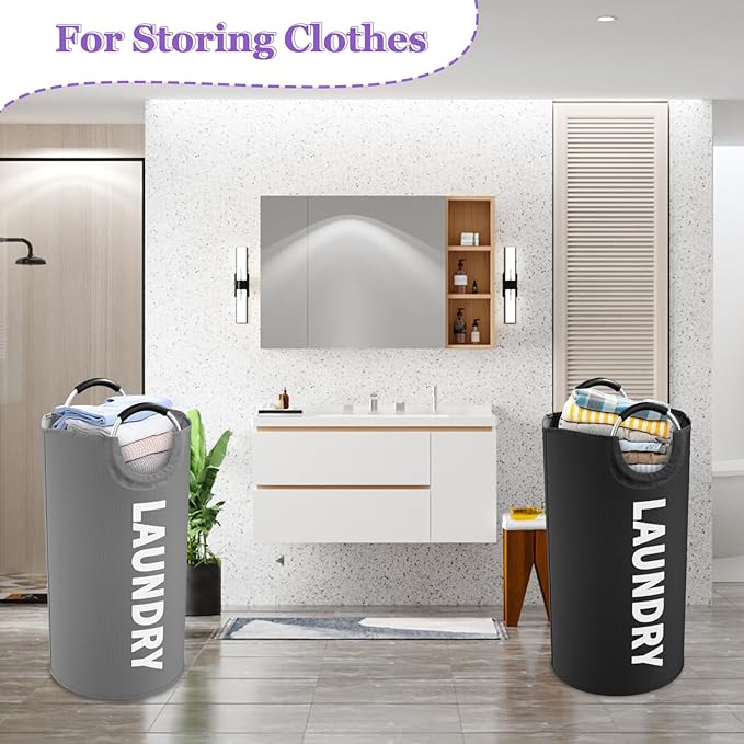 2Pcs Large Laundry Hamper for Adult, 95L Folding Clothes Basket with Handles, Dirty Clothes Hampers for Bedroom, Stand-alone Laundry Bin for Family, Hotel, Dorm, Grey/Black
