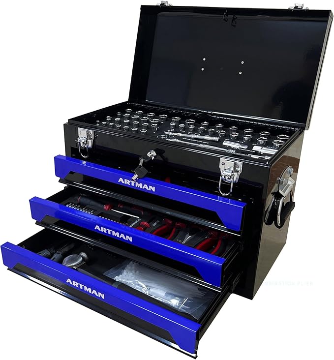 20" Portable 3 Drawer Steel Toolbox,Built in Tool Set,4 Layers of Tools with Metal Latches, with Top Storage Tray and carrying Handle, Multi-Function Tool Storage for Garage, Home,or Workbench