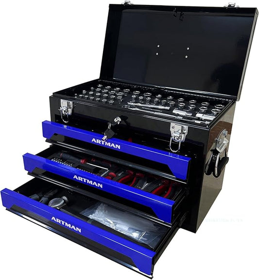 20" Portable 3 Drawer Steel Toolbox,Built in Tool Set,4 Layers of Tools with Metal Latches, with Top Storage Tray and carrying Handle, Multi-Function Tool Storage for Garage, Home,or Workbench
