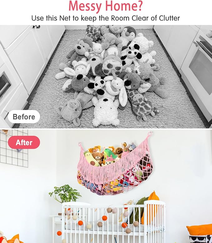 Stuffed Animal Hammock - Extra Large 63'' Long, Stuffed Animal Storage, stuffed animal Holder net, Hammock Large, Storage Hanging Organizer - Light pink