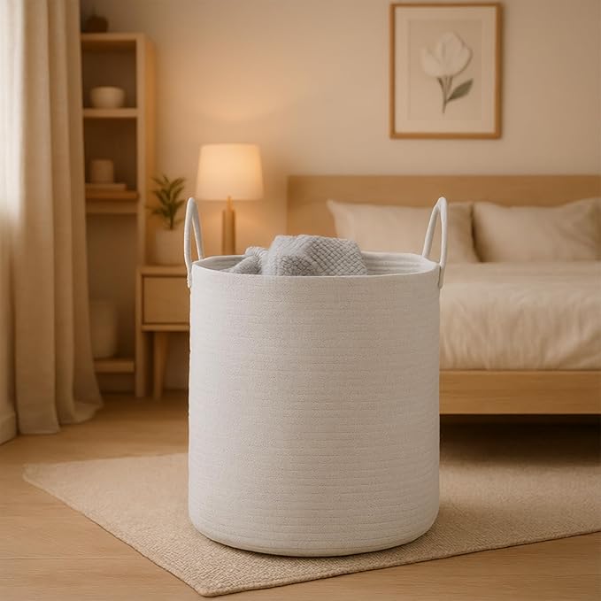 Woven Basket Nursery Laundry Hamper with Handles, Clothes Storage Organizer, Woven Basket for Boy Room Decor, Toy & Blanket Storage Bin, 15x15x18 Inch, White, 1pc