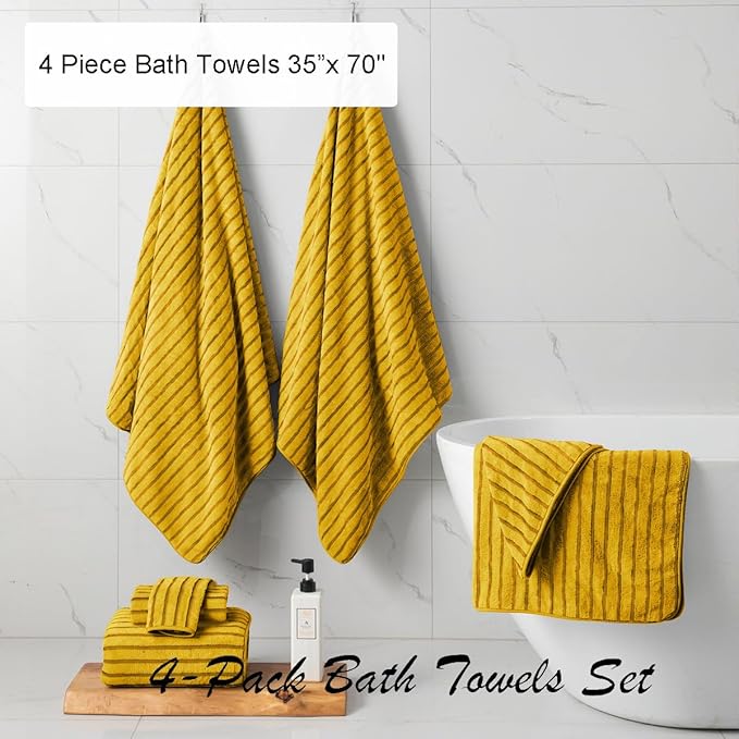 4 Pcs Yellow Cabana Stripe Large Bath Towels 35"x70" Oversized Bath Sheet Super Soft Breathable Jumbo Bathroom Towels Highly Absorbent Shower Towel Quick Dry Beach Chair Towel Spa Gym Hotel Towel Set