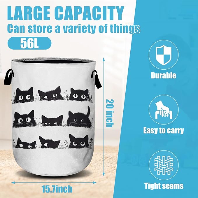 Cute Black Cat Laundry Basket, Laundry Hamper Collapsible Oxford Cloth with Handle Clothes Toy Storage Bin for Bathroom Laundry Room Bedroom 15.7 X 20 Inch