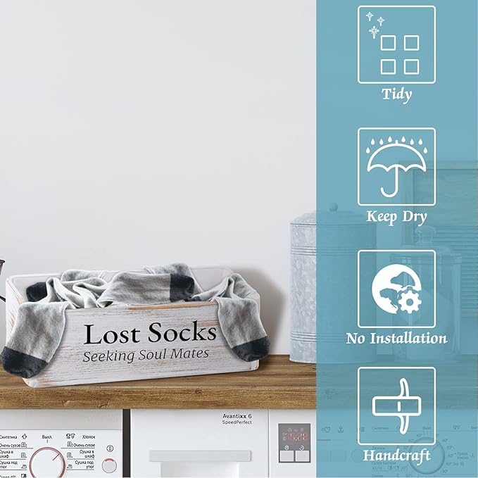 Farmhouse Lost Socks Storage Funny Laundry Sign Wooden Storage Basket Laundry Room Decor (11.02 x 3.54 x 3.54 Inch)