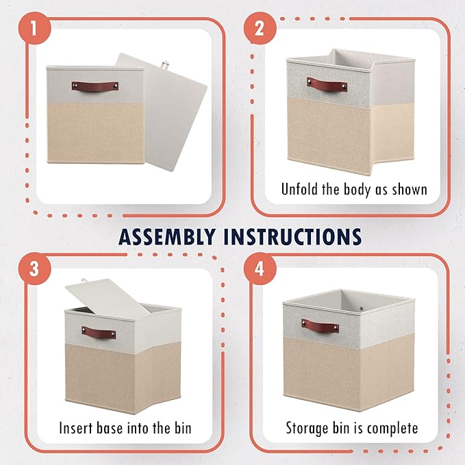 Ornavo Home 13 x 13 Storage Cube Bins, Foldable Collapsible Fabric Storage Bins Box Linen Shelf Basket Cube Organizer for Closet with Leather Handles, 6 Pack, White/Khaki